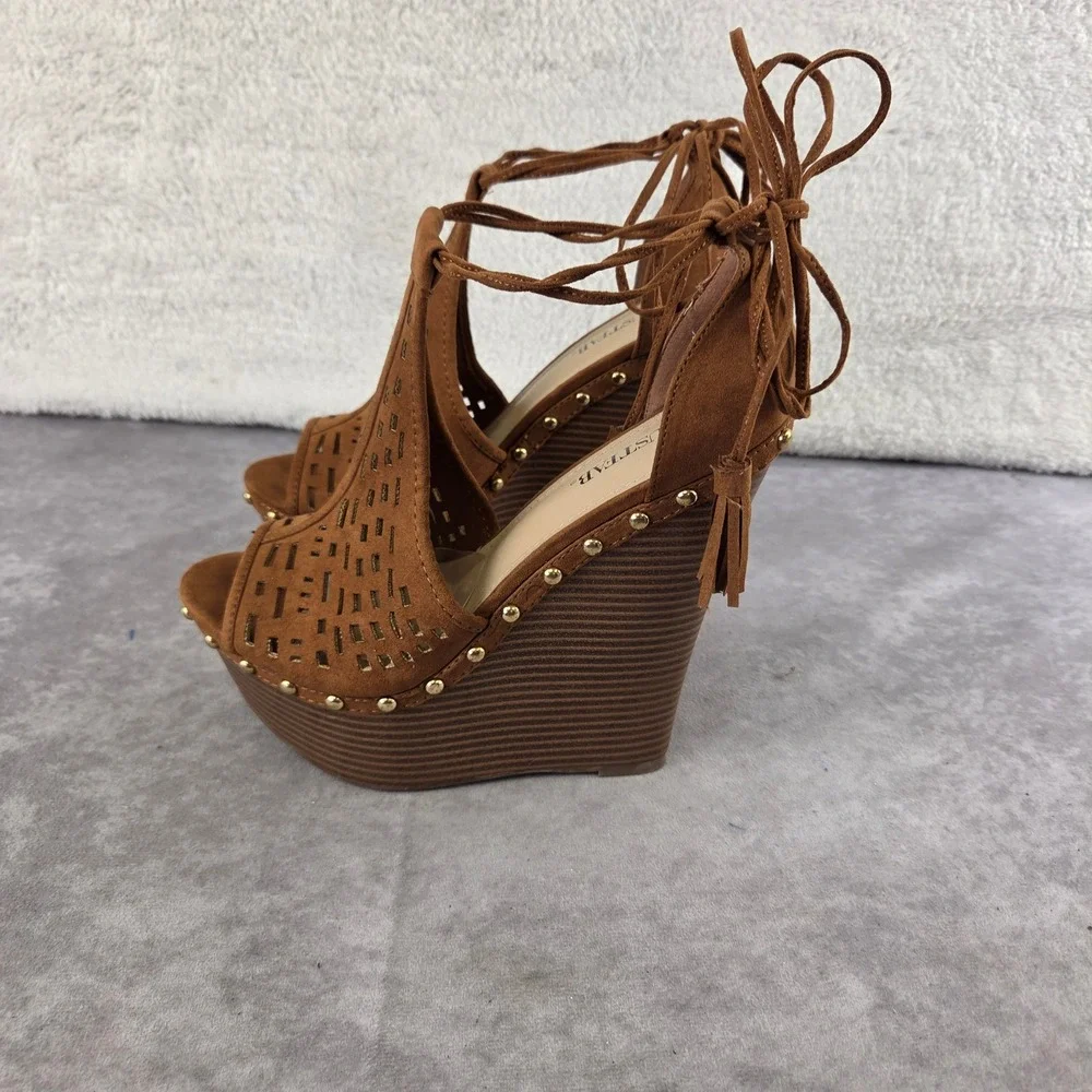 JustFab Brown Faux Suede Laser Cut Studded Tassel Lace Up Platform Wedges